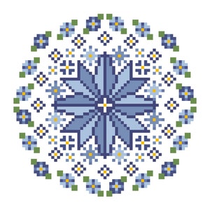 MANDALA DE FLORES AZULES - Patrón/gráfico geométrico de punto de cruz contado