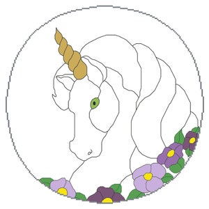 May include: A white unicorn head with a golden spiral horn, surrounded by purple and yellow flowers with green leaves. The unicorn is looking to the left.