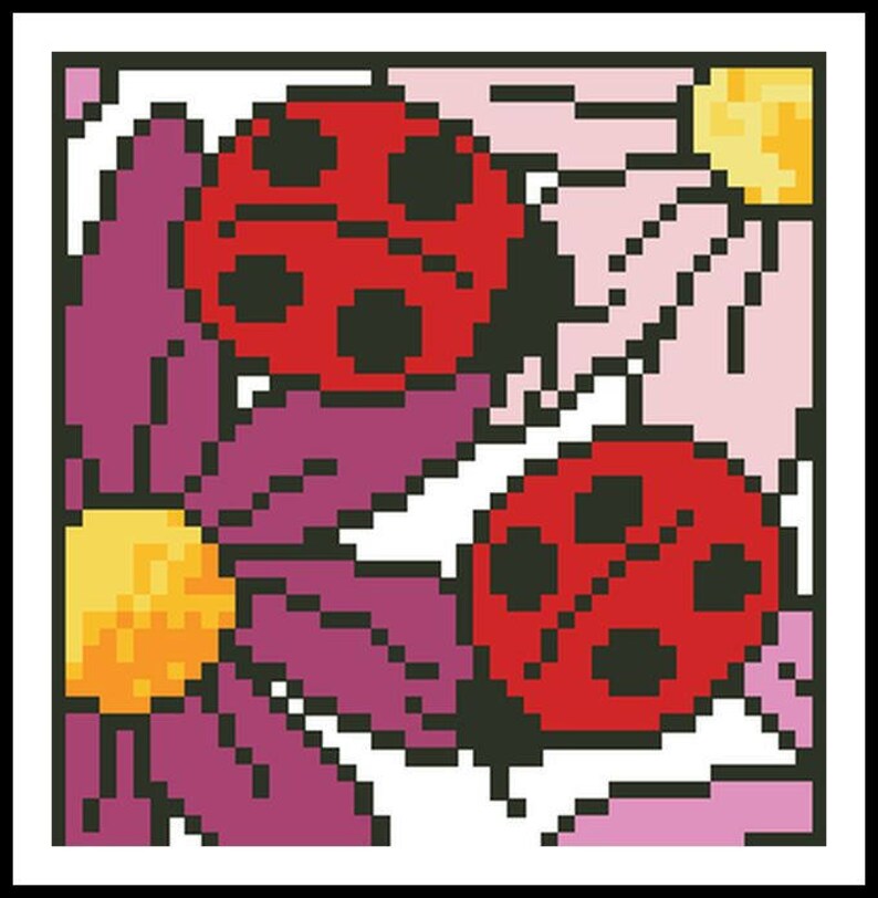 LADYBUG BOUQUET TOO Counted Cross Stitch Pattern / Chart Ladybugs and Pink Flowers / Daisies
