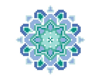 Mandala Counted Cross Stitch Pattern / Chart,  TRANQUIL SEAS Blue and Green, Modern, Geometric Embroidery Design - - full stitches only