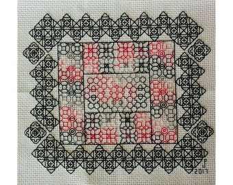 BLACKWORK FANTASY 2  Blackwork / Backstitch counted cross stitch pattern / chart - unusual embroidery design - unique border