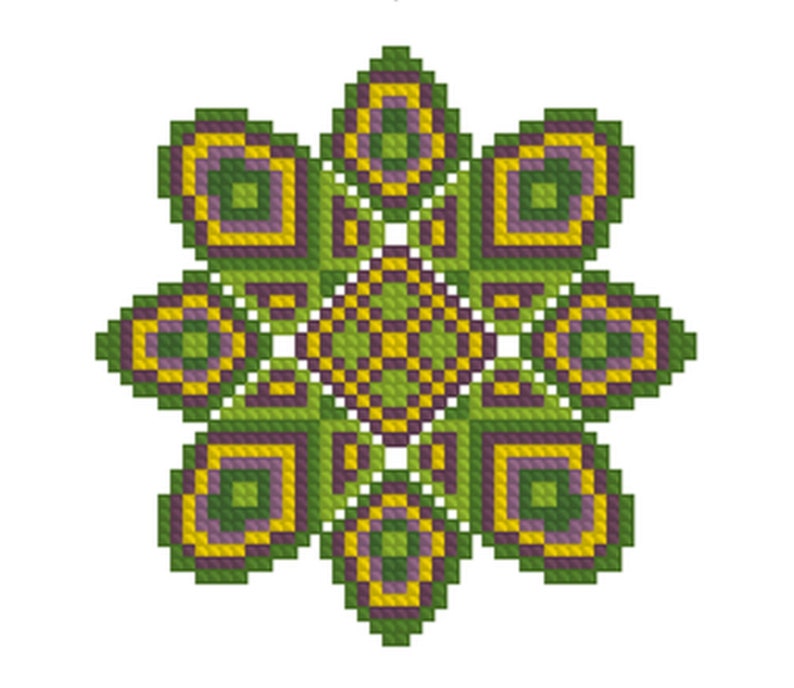 MANDALA Counted Cross Stitch Pattern Purple, Green, Yellow Embroidery Chart Vegetable Garden Mandala Modern, Round Design image 1