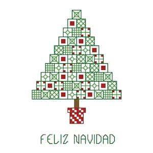 Könnte beinhalten: Eine geometrische Weihnachtsbaum-Illustration aus grünen und roten Quadraten mit verschiedenen Mustern. Der Baum steht in einem rot-weiß karierten Topf, darunter der grüne Schriftzug "FELIZ NAVIDAD", alles vor weißem Hintergrund.