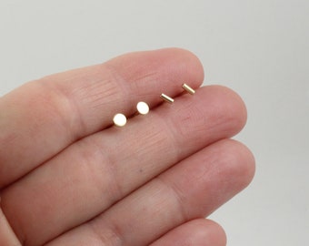 14K solid gold stud earrings | Gold post studs | Small gold earrings | Gold circle studs | Gold bar studs | Set of 4 studs | 3mm gold studs