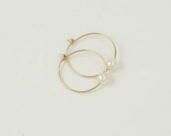 14K gold filled hoops | 4mm crystal pearls | Gold, Rose gold, sterling silver | Thin gold hoop earrings | Small dainty hoops with pearls