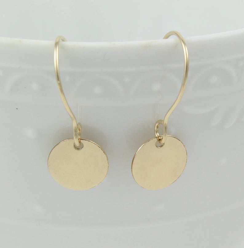 14K gold filled disc earrings Dainty gold earrings Dangle earrings Round drop earrings Gold circle earrings Small gold earrings image 5