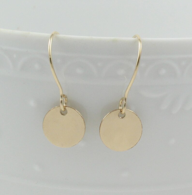 14K gold filled disc earrings Dainty gold earrings Dangle earrings Round drop earrings Gold circle earrings Small gold earrings image 6