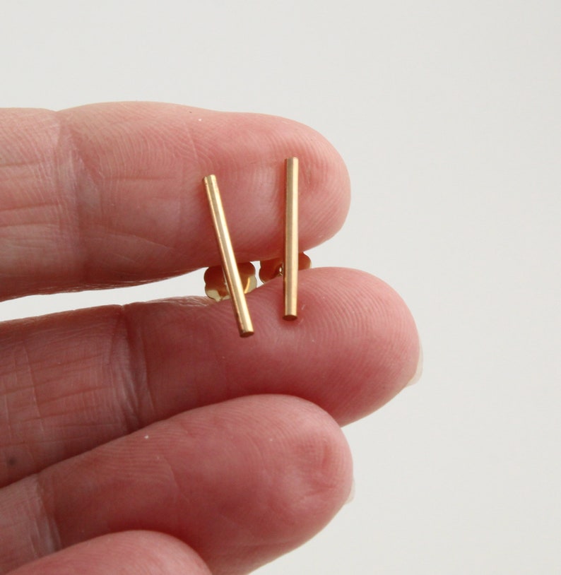 14K gold filled bar studs Sterling silver studs Rose gold filled earrings 15mm stud earrings Line stud earrings Unisex earrings zdjęcie 7