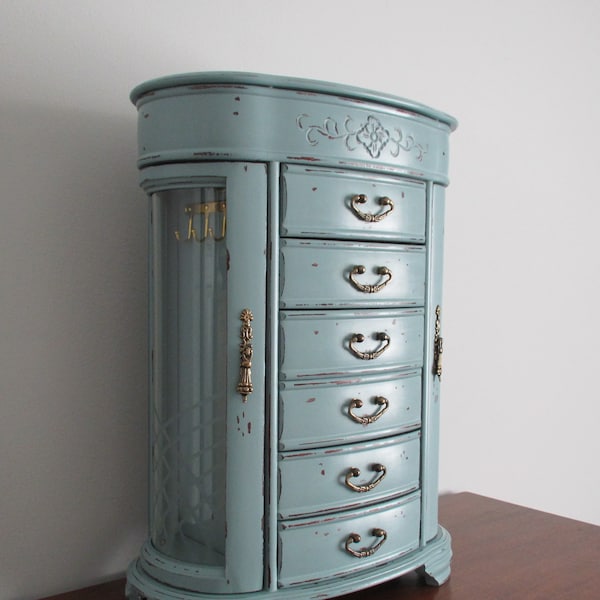 Jewelry Box Armoire Tower Organizer Chest Cottage Blue Distressed Shabby Farmhouse Beach Cottage French Country Chic Floral