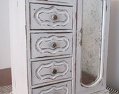 Vintage Jewelry Box Armoire Chest Organizer Antiqued Distressed Shabby Cottage Farmhouse French Country Chic Floral Botanical Mercury Glass