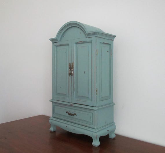 Vintage Jewelry Armoire Box Chest Organizer Dusky Aqua Green Distressed Shabby Cottage Style View 4