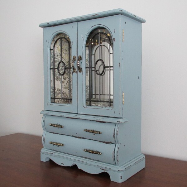 Vintage Jewelry Box Armoire Chest Organizer Blue Distressed Shabby Cottage Farmhouse French Country Chic