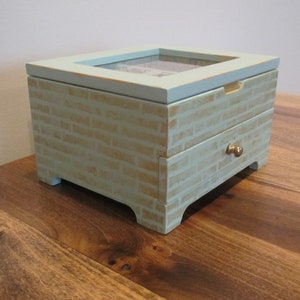 Mini Jewelry Chest Box Organizer Aqua Gold Brick Work Distressed Shabby Cottage Beach Chic