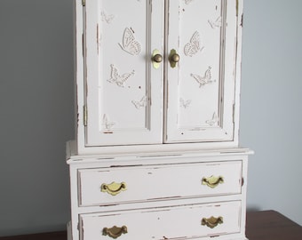 Vintage Doll Wardrobe Armoire Whisper Pink Distressed Shabby Cottage Farmhouse Chic Butterflies