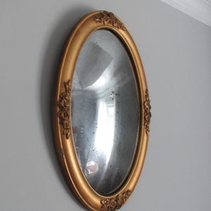 Vintage Oval Convex Bubble Antique Mercury Glass Mirror Finish, Gold Raised Relief Bows Flowers Frame
