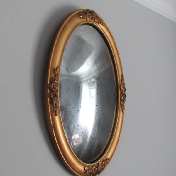 Vintage Oval Convex Bubble Antique Mercury Glass Mirror Finish, Gold Raised Relief Bows Flowers Frame