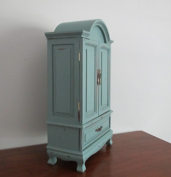 Vintage Jewelry Armoire Box Chest Organizer Dusky Aqua Green Distressed Shabby Cottage Style View 6