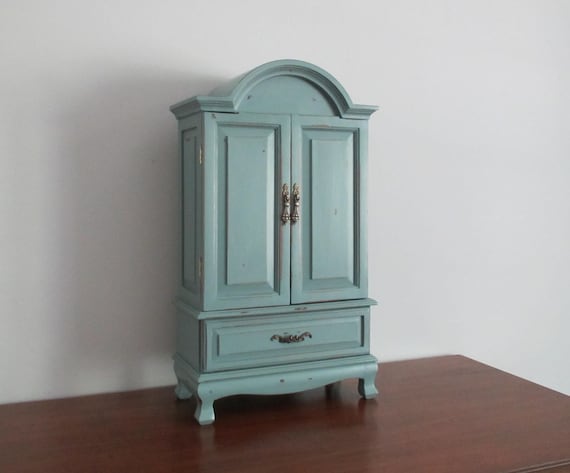 Vintage Jewelry Armoire Box Chest Organizer Dusky Aqua Green Distressed Shabby Cottage Style