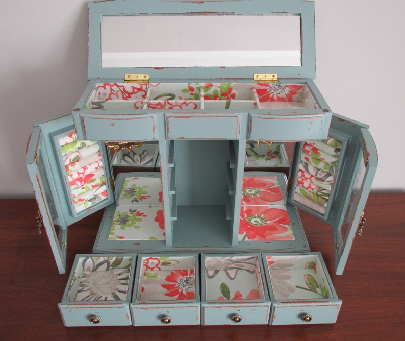 Jewelry Box Armoire Chest Organizer Aqua Distressed Shabby Etsy