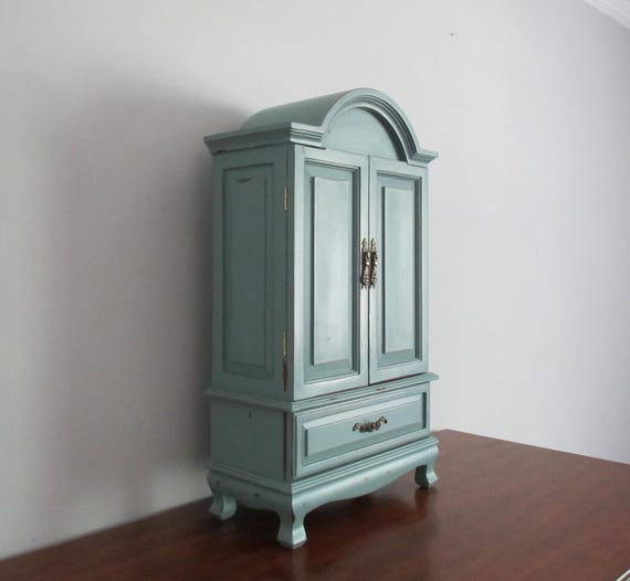 Vintage Jewelry Armoire Box Chest Organizer Dusky Aqua Green Distressed Shabby Cottage Style View 2