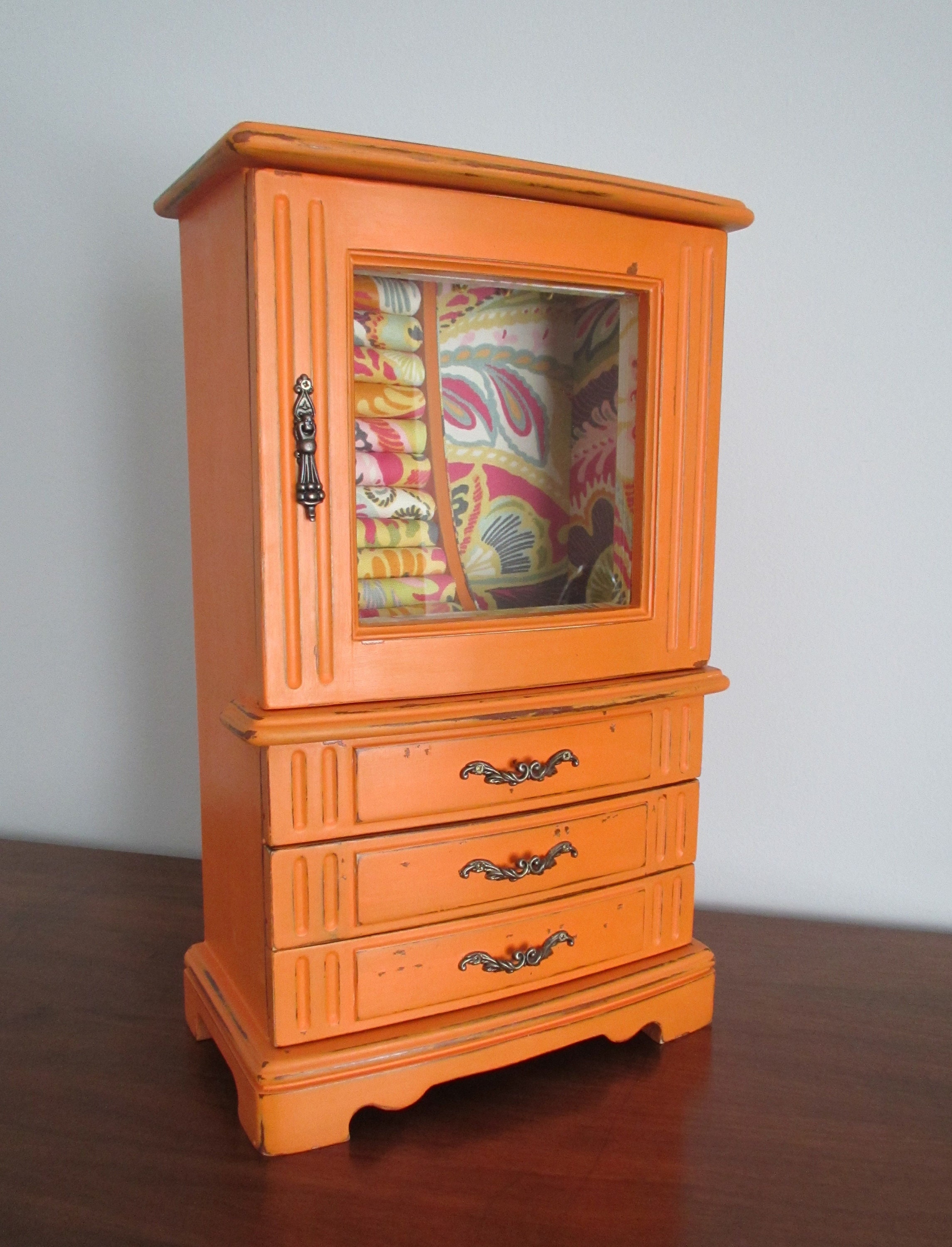 Vintage Jewelry Armoire Box Chest Organizer Bright Tangerine Orange