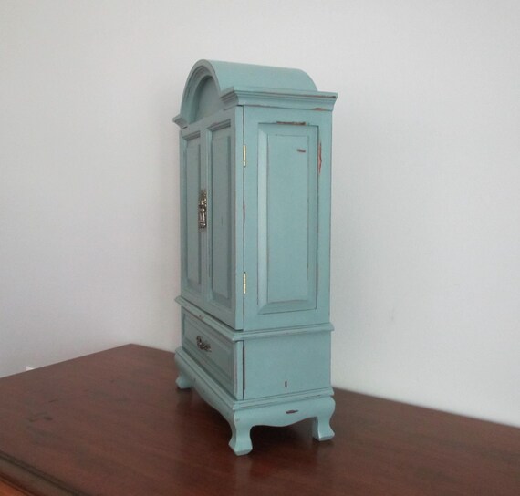 Vintage Jewelry Armoire Box Chest Organizer Dusky Aqua Green Distressed Shabby Cottage Style View 5