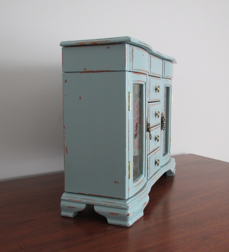 Jewelry Box Armoire Chest Organizer Aqua Distressed Shabby Etsy