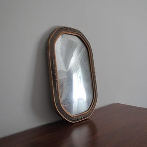 Vintage Antique Elongated Octagon Wood Frame Curved Bubble Convex Mercury Mirror Glass Finish Antique Gold Raised Relief Floral