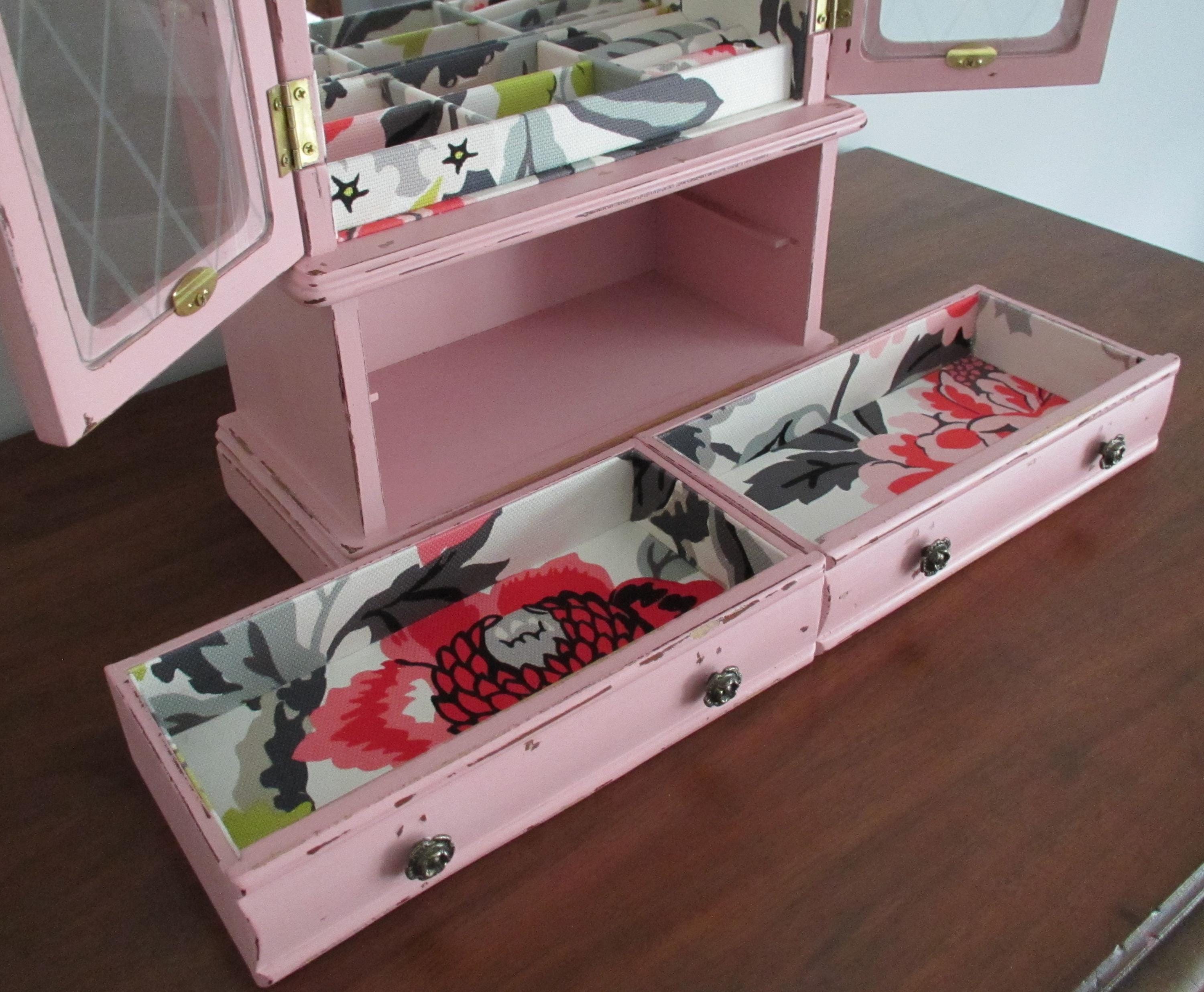 Vintage Jewelry Armoire Box Chest Organizer Pink Distressed Shabby