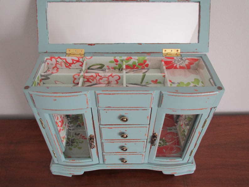 Jewelry Box Armoire Chest Organizer Aqua Distressed Shabby Etsy