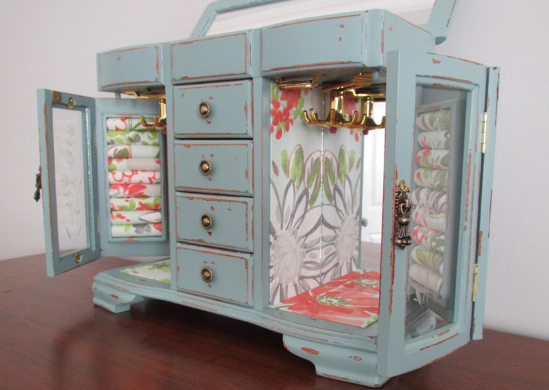 Jewelry Box Armoire Chest Organizer Aqua Distressed Shabby Etsy
