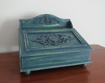 Vintage Desk Dresser Bureau Jewelry Box Chest Storage Organizer Watches Royal Blue Green Weathered Distressed Aged Shabby Beach Cottage Chic
