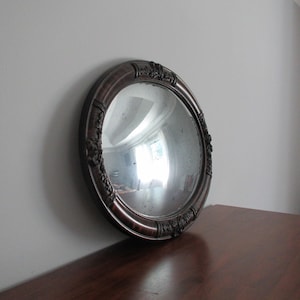 Vintage Oval Convex Bubble Antique Frame Mercury Glass Mirror Finish, Painted Faux Wood Grain Raised Relief Bow Floral
