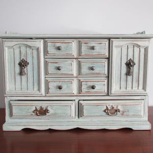 Vintage Jewelry Box Chest Organizer 11-Drawer Japan Sage Cream Blue Weathered Distressed Shabby Chic Cottage Farmhouse Beach Desk Craft