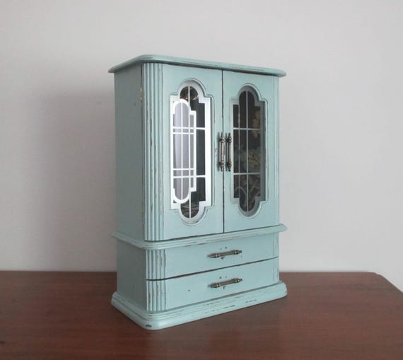 Vintage Jewelry Box Armoire Chest Organizer Aqua Green Distressed Shabby Cottage Beach Chic