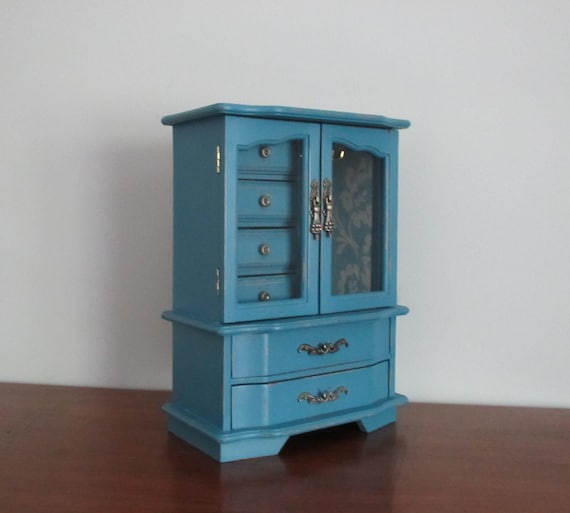 Vintage Jewelry Armoire Box Chest Organizer Blue Distressed Shabby Cottage Beach Chic Floral