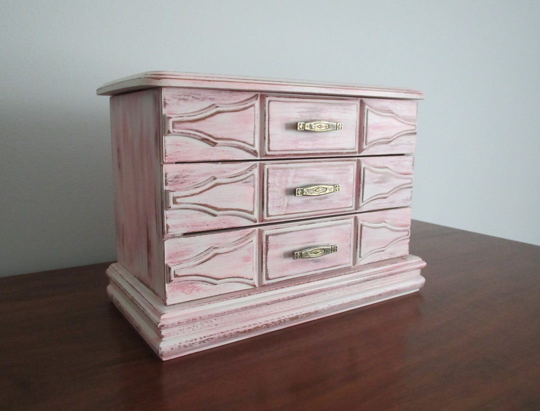 Vintage Jewelry Box Chest Organizer Weathered Coral Pink Distressed ...
