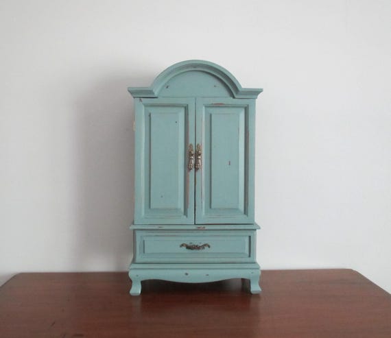 Vintage Jewelry Armoire Box Chest Organizer Dusky Aqua Green Distressed Shabby Cottage Style View 3