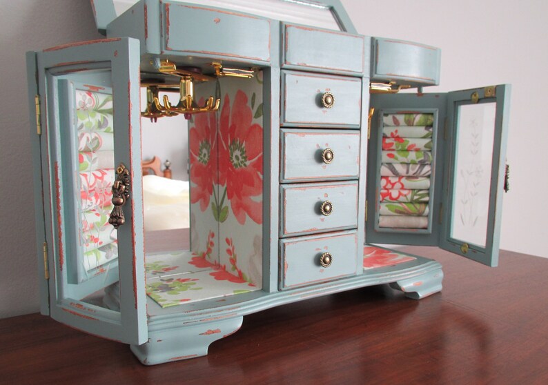 Jewelry Box Armoire Chest Organizer Aqua Distressed Shabby Etsy