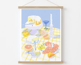 Illustrazione di natura morta con salumi, pesce in scatola e frutta / Stampa Risograph