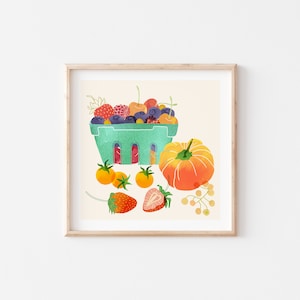 May include: A watercolor painting of a green basket filled with various fruits and vegetables, including blueberries, raspberries, strawberries, tomatoes, and a large orange pumpkin. The basket is sitting on a white background.