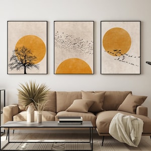 Conjunto de silhueta do sol com 3 estampas, conjunto de estampas escandinavas, conjunto de arte de parede minimalista, arte abstrata, decoração de parede laranja queimada, arte de parede Japandi