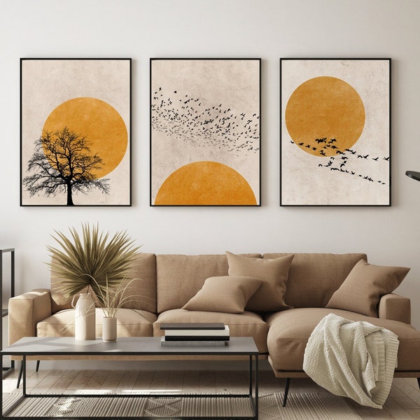 Sun Silhouette Set of 3 Prints, Scandinavian Print Set, Minimalist Wall Art Set, Abstract Art, Burnt Orange Wall Decor, Japandi Wall Art