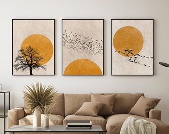 Sun Silhouette Set of 3 Prints, Scandinavian Print Set, Minimalist Wall Art Set, Abstract Art, Burnt Orange Wall Decor, Japandi Wall Art