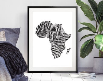 Afrika Karte Fingerabdruck Kunstdruck, afrikanische Identität Kunst, Reise Collage Wandkunst, afrikanische Schwarz-Weiß-Kunst, moderne Wohnkultur