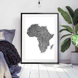 Africa Map Fingerprint Art Print, African Identity Art, Travel Collage Wall Art, Black and White African Art, Modern Home Decor