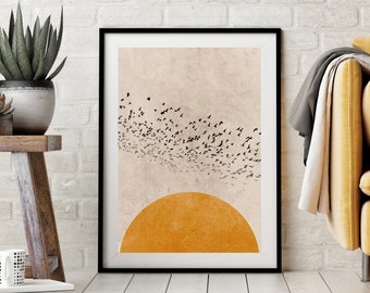 Zonsondergang Silhouet Vogels Art Print, Scandinavische Kunst aan de Muur, Moderne Abstracte Kunst, Boho Minimalistische Art Print, Scandi Woonkamer Home Decor