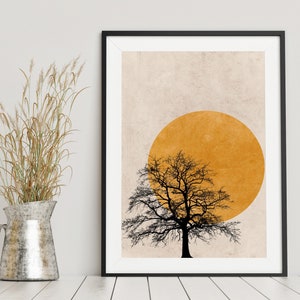 Baum Silhouette Sonne Druck, Natur Kunstdruck, Nordische Minimalistische Wandkunst, Moderne abstrakte Kunst, Baum und Sonne Druck, Orange gebrannte Wandkunst