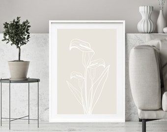 Flower Wall Art, Lilly Art Print, White Lilly Line Art, Botanical Print, Minimalist Floral Wall Art, Abstract Line Art, Beige Neutral Art