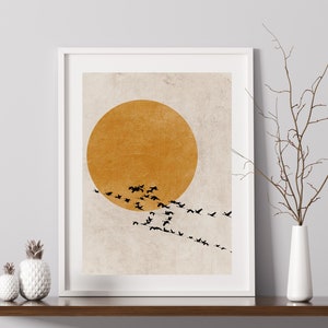 Impressão de silhueta de sol de rebanho de pássaros, impressão de belas artes, arte de parede minimalista escandinava, decoração laranja queimada, arte abstrata bege, decoração de parede nórdica